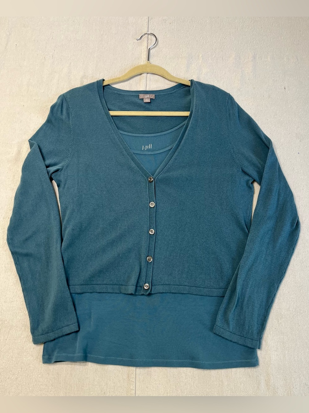 J Jill Teal Blue V‑Neck Button Up Sweater Set Size M